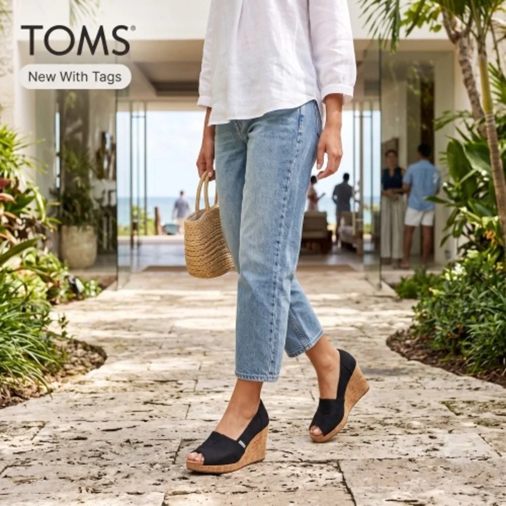 TOMS Black Cork Wedge Sandals Peep Toe Platform Slip On Heels Size 9.5M